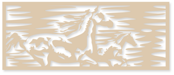 Holzbild im Querformat mit Pferdemotiv in verschiedenen Farben und Größen